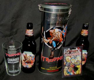 Iron Maiden Trooper British Beer Gift Set Pint Glass Tin Empty Bottles/gtar Pics