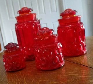 Set Of 4 Vintage L.  E.  Smith Amberina Red Moon And Stars Apothecary Canister Jars
