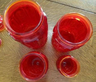 Set of 4 Vintage L.  E.  Smith AMBERINA RED Moon and Stars Apothecary Canister Jars 7