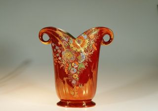 Crown Devon Fielding Art Deco Red Lustre Floral Oval Vase,  England C.  1920s