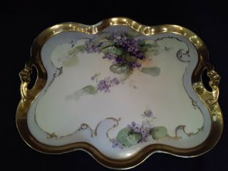 Large Antique T&v Limoges France Porcelain Violets Tray Signed