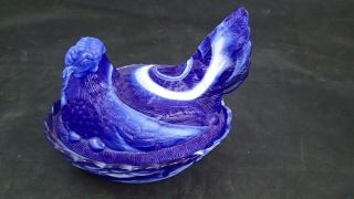 Lg Wright Blue Marble Milk Glass Chicken Hen On Nest Covered Dish