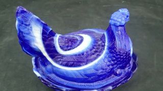 LG WRIGHT BLUE MARBLE MILK GLASS CHICKEN HEN ON NEST COVERED DISH 5