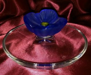 Daum France Crystal Glass 5.  5 " Trinket Bowl Blue Poppy Flower Hilton Mcconnico