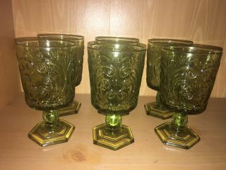 Vintage Green Glass Goblets Plume Pattern Sexagon Base