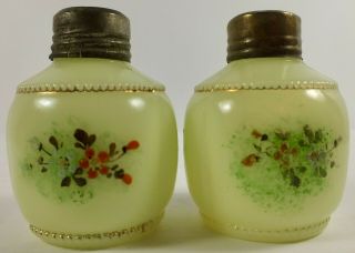 Eapg Georgia Gem Custard Vaseline Glass Floral Decorated Salt & Pepper Shakers