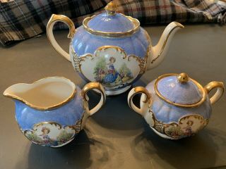 Sadler England Teapot Creamer Sugar Bowl Set Country Girl Blue Gold Vintage