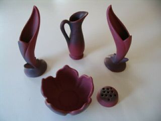 5 Piece Van Briggle Pottery,  Ewer,  Pair Bird Of Paradise Vases,  Tulip Bowl,  Frog