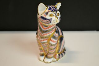 Royal Crown Derby English Bone China Cat Paperweight Blue Gold