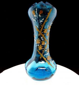 Bohemian Czech Art Glass Blue Double Gourd 9 1/4 " Gold Enamel Floral Vase