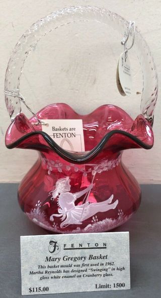 Fenton Mary Gregory Cranberry Basket With Girl Swinging 537/1500 8”