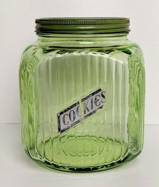 Green Depression Glass Hoosier Cookie Jar With Metal Lid & Label