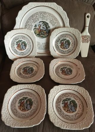 Vintage Harker Pottery Cake Plate Matching Plates Server Gold Trim 22 Karat