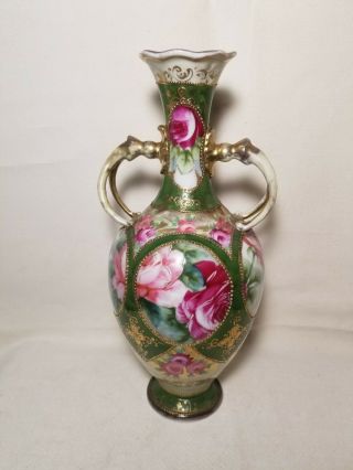 Antique Nippon Double Handle Vase Hand Painted Roses Green