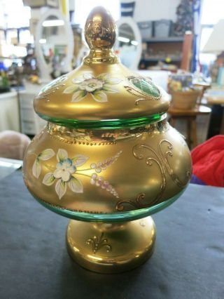 Vintage Bohemian Moser Gold & Green Glass Covered Pedestal Candy Bowl Hand Paint