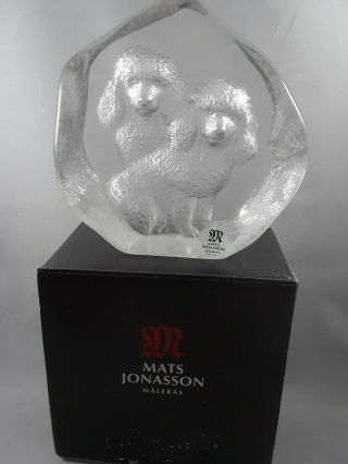 Vintage Mats Jonasson Sweden Signed Poodles Dogs Large Glass Paperweight 3696