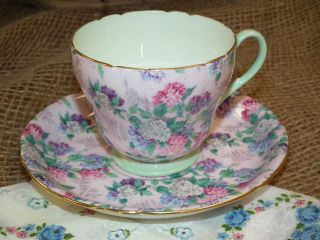 Vintage Shelley Summer Glory Chintz Richmond Pink Green Tea Cup & Saucer