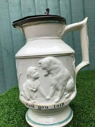 Early 19thc Pitcher Or Jug With Child & Dog Decoration,  Pewter Lid C1820s