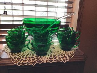 Vintage Anchor Hocking Forest Green Punch Bowl 11 Cups Glass Ladle Mcm
