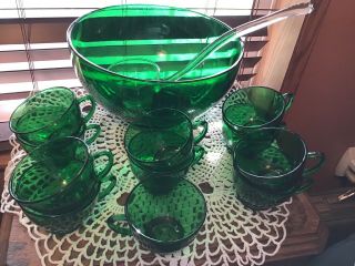 Vintage Anchor Hocking Forest Green Punch Bowl 11 Cups Glass Ladle MCM 3