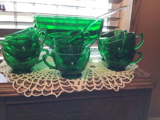 Vintage Anchor Hocking Forest Green Punch Bowl 11 Cups Glass Ladle MCM 5