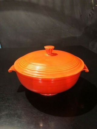 Vintage Fiestaware - Orange/red Covered Casserole Dish With Scroll Handles