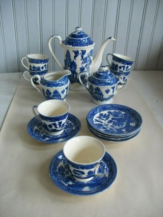 Vintage Blue Willow Demitasse Coffee Tea Set Made In Japan 17 Pc 6 C & S Teapot