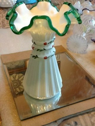 Fenton 2001 7 " T Milk Glass Wheat Vase W/emerald Crest For Qvc