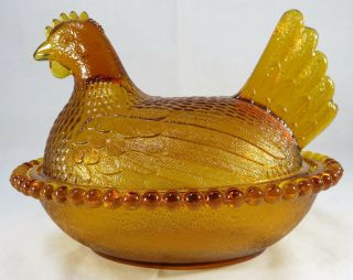 Vintage Indiana Glass Amber Hen Chicken On Nest Candy Dish Rare