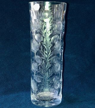 Vintage Czechoslovakia Bohemia Hand Cut Lead Crystal Vase,  Floral Design,  12 " T