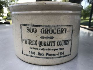 Rare Red Wing Stoneware Advertising Soo Grocery Sioux Falls,  Sd Butter Crock