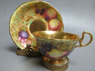 Aynsley Gold Interior Footed Cup And Saucer Orchard Fruit Signed D.  Jones C746