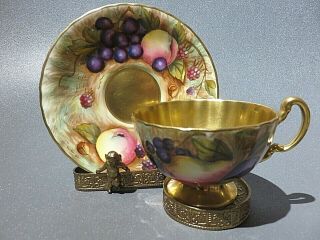 Aynsley Gold Interior Footed Cup And Saucer Orchard Fruit Signed D.  Jones 746