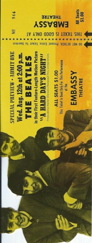 Rare The Beatles Movie Ticket For The Beatles Movie A Hard Days Night Yellow1964