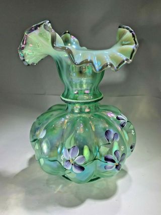 Fenton Green Optic Opalescent Scalloped Floral Hand Vase Signed Picadu