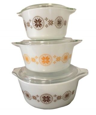 Vintage Set Of 3 Pyrex Town And Country Casserole Dishes With Lids 473 474 475