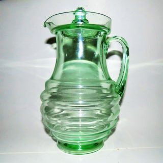 Vintage Art Deco Uranium / Vaseline Glass Beehive Pitcher W/ Lid.  Euc.  10.  5 Tall
