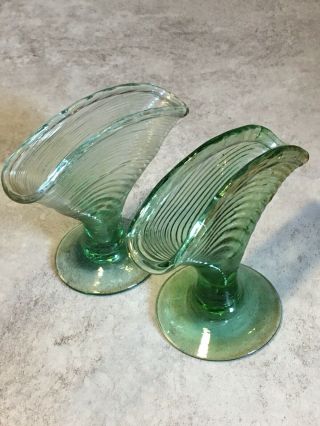 - Vintage 1920’s Green Depression Glass Vases Art Deco Ribbed Fan Vase