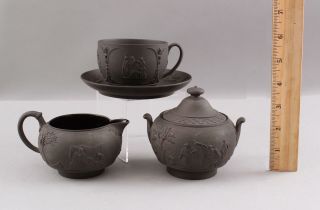 Antique English Wedgwood Black Basalt Cup & Saucer,  Creamer & Covered Sugar
