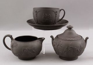 Antique English WEDGWOOD Black Basalt Cup & Saucer,  Creamer & Covered Sugar 2