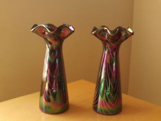 Vintage X2 Iridescent Art Glass Vase Purple/blue/green Ruffled Edge.