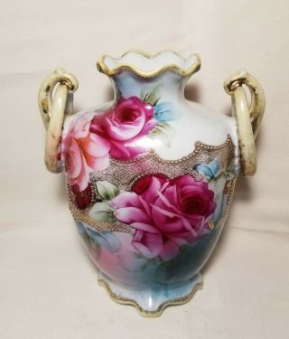 Antique Nippon Double Handle Rings Vase Hand Painted Roses