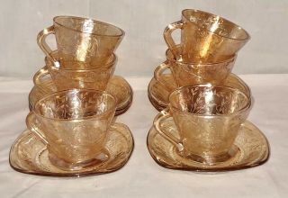 6 Jeannette Floragold Iridescent Cups & Saucers