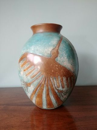 Chulucanas Peru Peruvian Pottery Vase Signed Victor Alban 10 1/2 " Phoenix Design