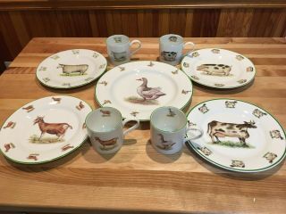 Norfolk Farmyard 9 Pc White Porcelain Plate And Teacup Set W/ Animal Designs