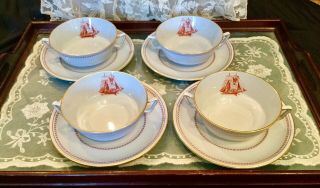 Spode Trade Winds Red Set Of 4 Cream Soup Bowls & Saucers Exc Cond