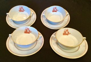 Spode Trade Winds Red Set Of 4 Cream Soup Bowls & Saucers Exc Cond 2