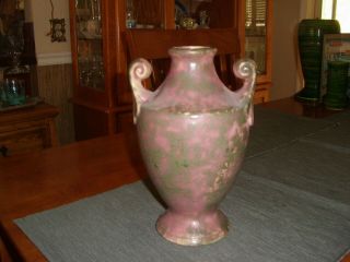 Vintage Burley Winter Pottery Burgundy Scroll Handled 9e Vase