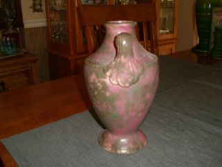 Vintage Burley Winter Pottery Burgundy Scroll Handled 9E Vase 2
