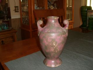Vintage Burley Winter Pottery Burgundy Scroll Handled 9E Vase 3